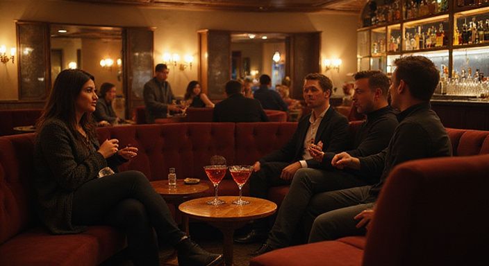 Een chique cocktail lounge met ontspannen conversaties en elegant interieur. Een chique cocktail lounge met ontspannen conversaties en elegant interieur.