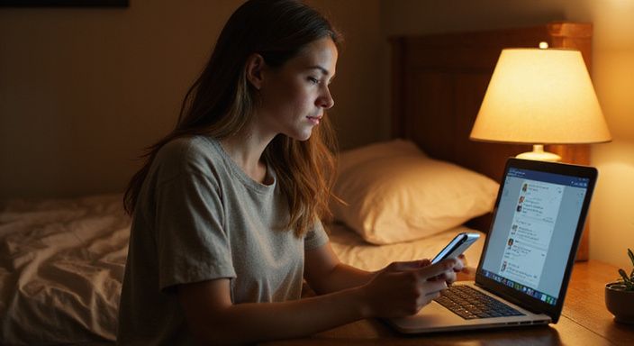 Een vrouw in focus, bezig met een datingapp op haar telefoon. Een vrouw in focus, bezig met een datingapp voor een shemale sexpartner op haar telefoon.