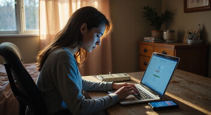 Een persoon concentreert zich op een laptop met een datingapp. Een persoon concentreert zich op een laptop met een datingapp.