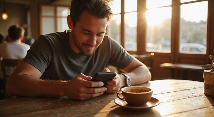 Een ontspannen jongvolwassene geniet van een datingapp in een café. Een ontspannen jongvolwassene geniet van een datingapp voor een shemale sexpartner in een café.