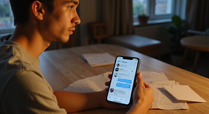 Een jonge volwassene kijkt geconcentreerd naar een datingapp op hun smartphone. Een jonge volwassene kijkt geconcentreerd naar een datingapp op hun smartphone.