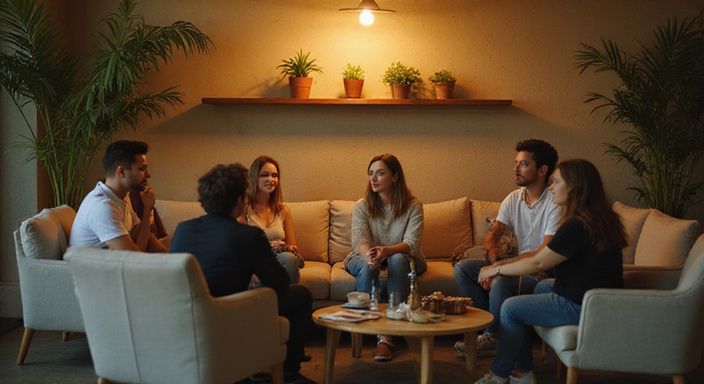 Groep volwassenen in een moderne woonkamer, ontspannen en in gesprek. Groep volwassenen in een moderne woonkamer, ontspannen en in gesprek over een shemale sexpartner.